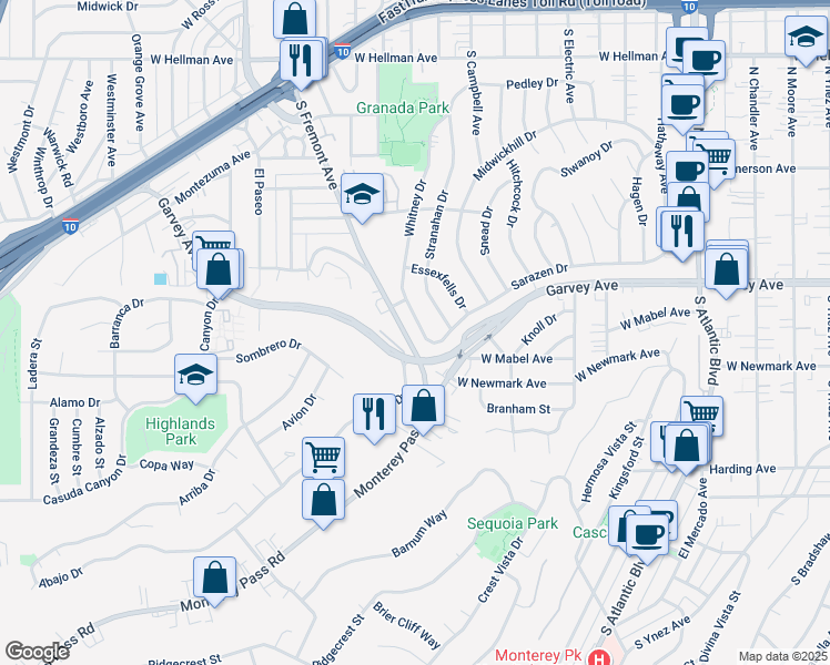 map of restaurants, bars, coffee shops, grocery stores, and more near 2649 Whitney Drive in Alhambra