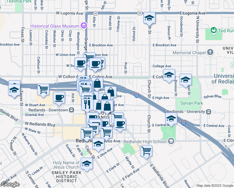 map of restaurants, bars, coffee shops, grocery stores, and more near 329 East High Avenue in Redlands
