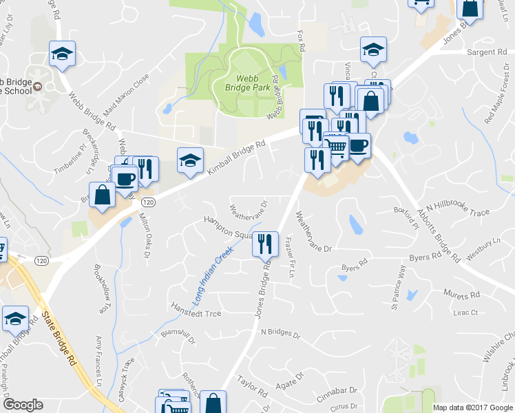 map of restaurants, bars, coffee shops, grocery stores, and more near 4820 Weathervane Drive in Alpharetta
