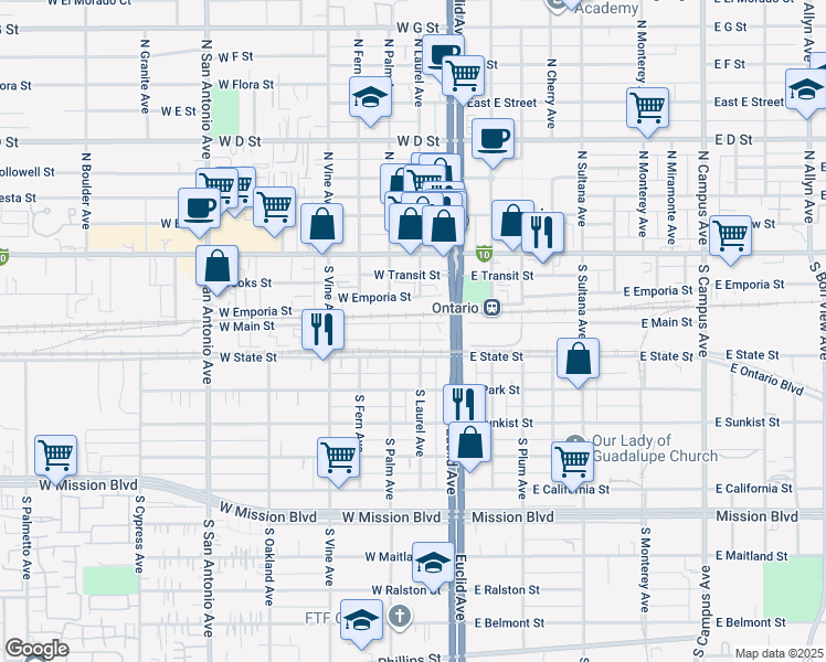 map of restaurants, bars, coffee shops, grocery stores, and more near 304 South Laurel Avenue in Ontario