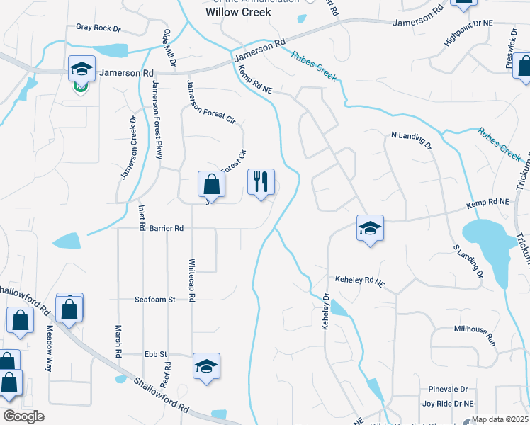 map of restaurants, bars, coffee shops, grocery stores, and more near 1605 Barrier Road in Marietta