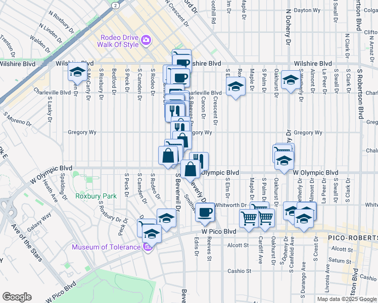 map of restaurants, bars, coffee shops, grocery stores, and more near 346 South Reeves Drive in Beverly Hills