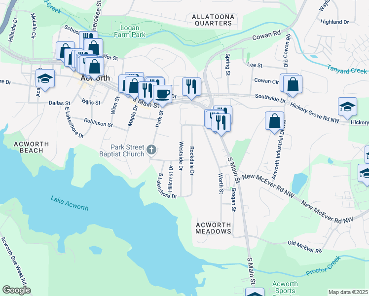 map of restaurants, bars, coffee shops, grocery stores, and more near 4374 Westside Drive in Acworth