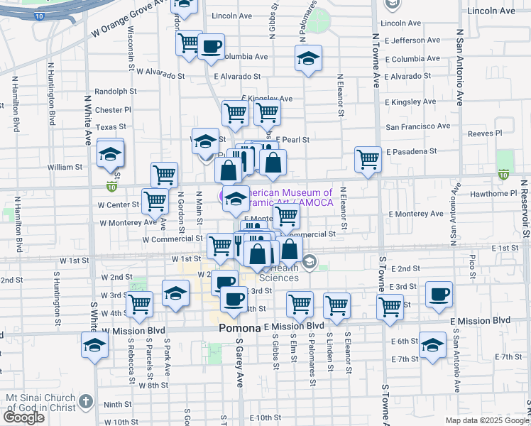 map of restaurants, bars, coffee shops, grocery stores, and more near 187 East Monterey Avenue in Pomona