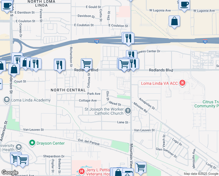 map of restaurants, bars, coffee shops, grocery stores, and more near 25556 Lomas Verdes Street in Loma Linda