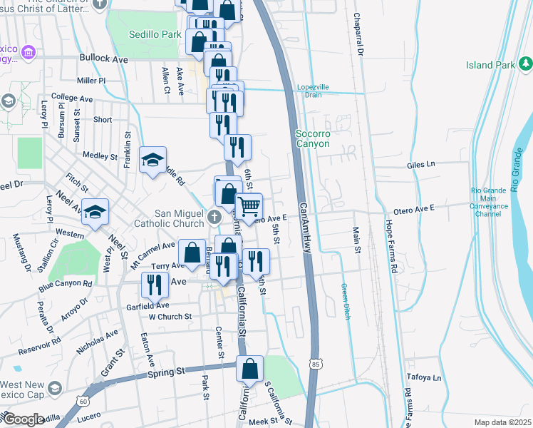 map of restaurants, bars, coffee shops, grocery stores, and more near 513 Otero Avenue East in Socorro
