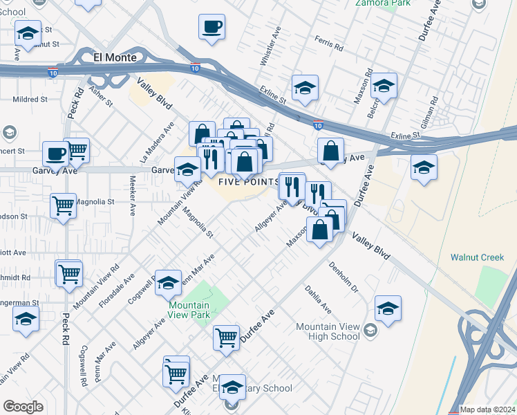 map of restaurants, bars, coffee shops, grocery stores, and more near 2961 Allgeyer Avenue in El Monte