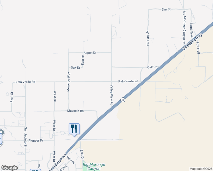 map of restaurants, bars, coffee shops, grocery stores, and more near 50265 Palo Verde Road in Morongo Valley