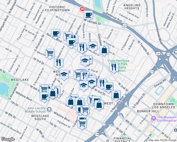 map of restaurants, bars, coffee shops, grocery stores, and more near 208 Columbia Place in Los Angeles