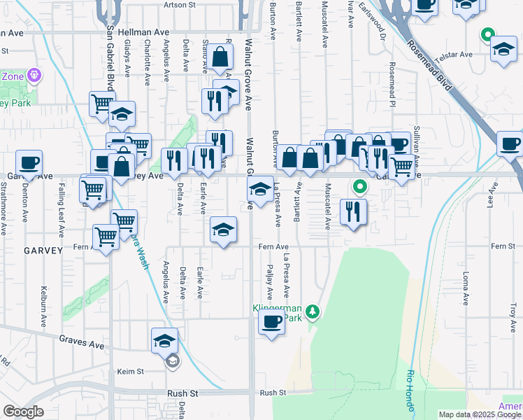 map of restaurants, bars, coffee shops, grocery stores, and more near 2656 Walnut Grove Avenue in Rosemead