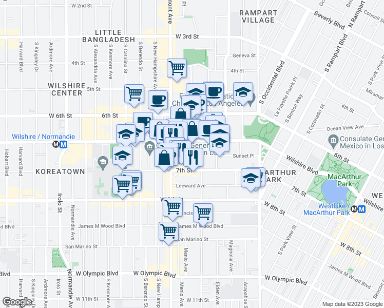 map of restaurants, bars, coffee shops, grocery stores, and more near 682 Shatto Place in Los Angeles