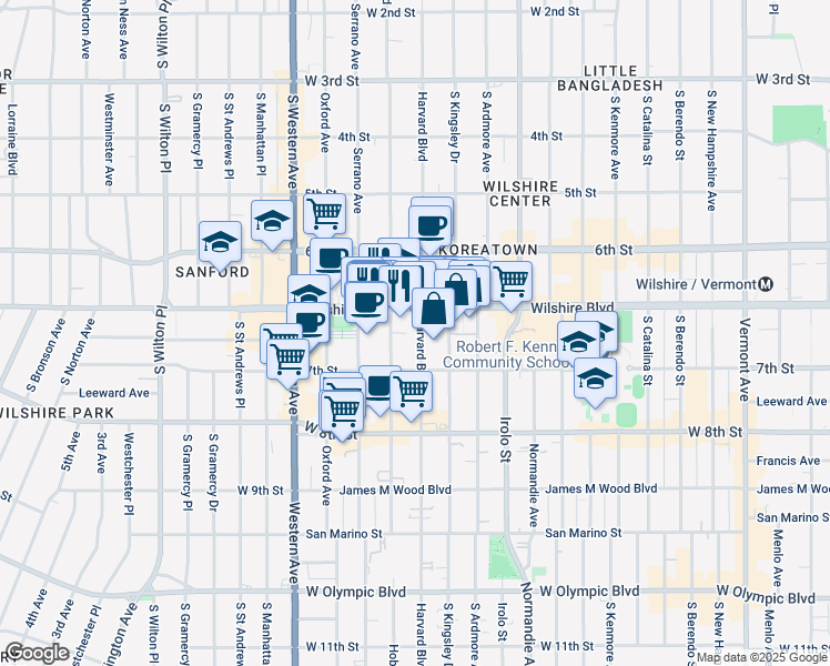 map of restaurants, bars, coffee shops, grocery stores, and more near 688 South Hobart Boulevard in Los Angeles