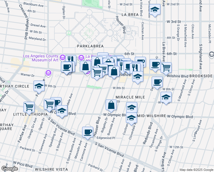map of restaurants, bars, coffee shops, grocery stores, and more near 802 Masselin Avenue in Los Angeles
