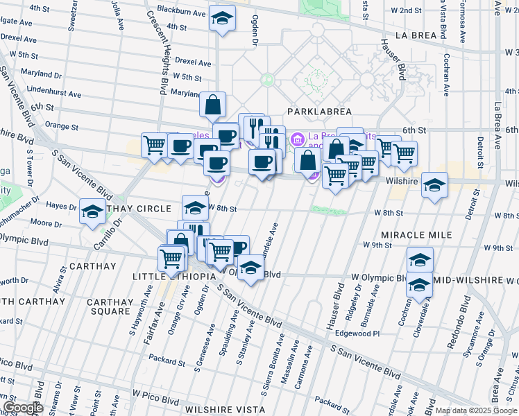 map of restaurants, bars, coffee shops, grocery stores, and more near 811 South Spaulding Avenue in Los Angeles