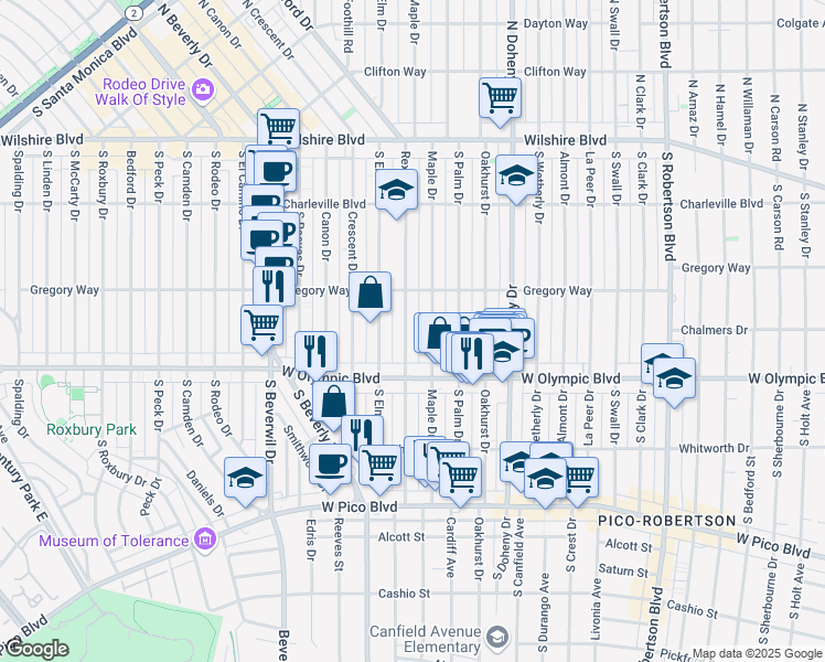 map of restaurants, bars, coffee shops, grocery stores, and more near 344 South Rexford Drive in Beverly Hills