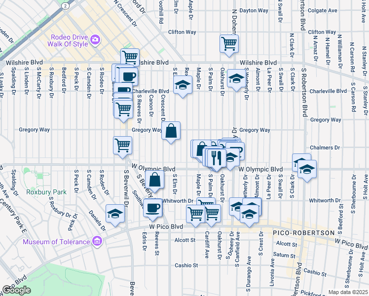 map of restaurants, bars, coffee shops, grocery stores, and more near 344 South Rexford Drive in Beverly Hills