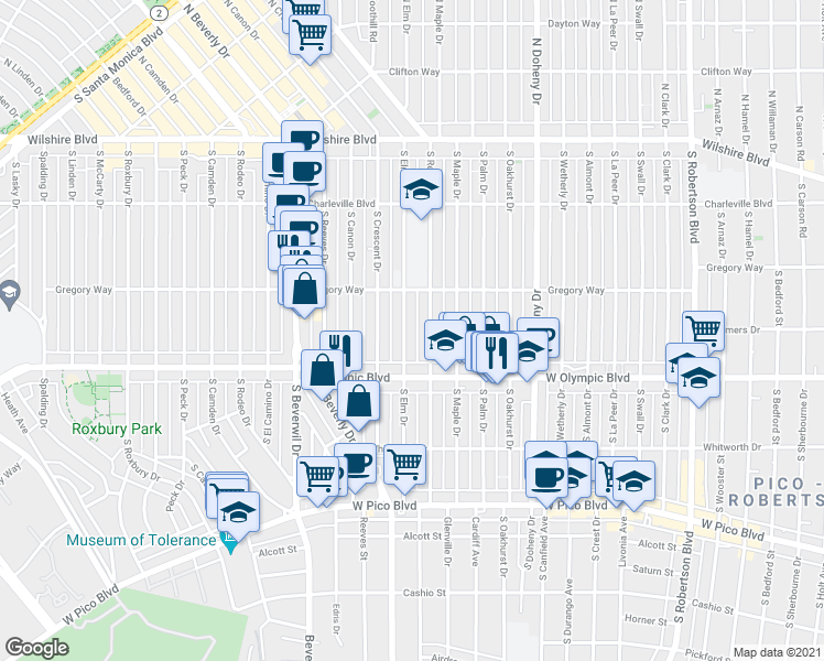 map of restaurants, bars, coffee shops, grocery stores, and more near 345 South Elm Drive in Beverly Hills