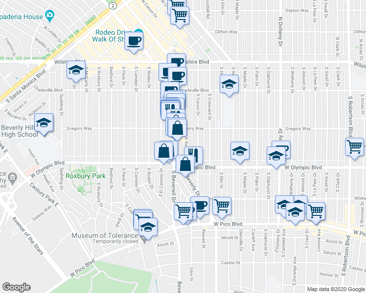 map of restaurants, bars, coffee shops, grocery stores, and more near 346 South Reeves Drive in Beverly Hills