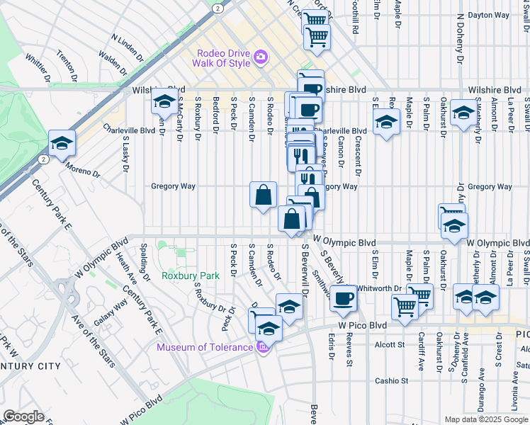 map of restaurants, bars, coffee shops, grocery stores, and more near 340 South Rodeo Drive in Beverly Hills