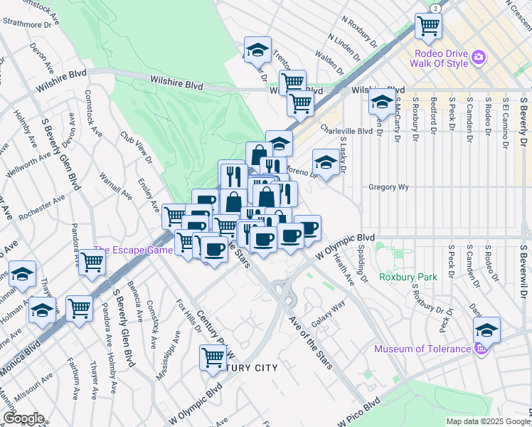 map of restaurants, bars, coffee shops, grocery stores, and more near 1925 Century Park East in Los Angeles