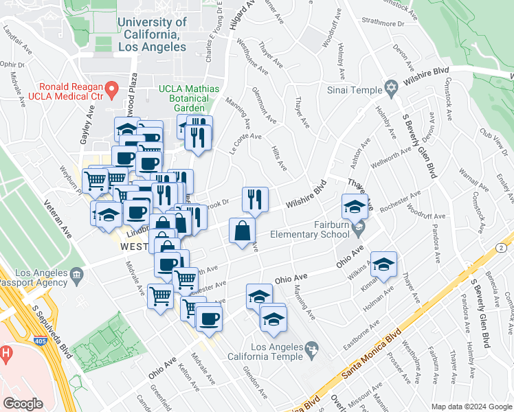 map of restaurants, bars, coffee shops, grocery stores, and more near 10724 Wilshire Boulevard in Los Angeles