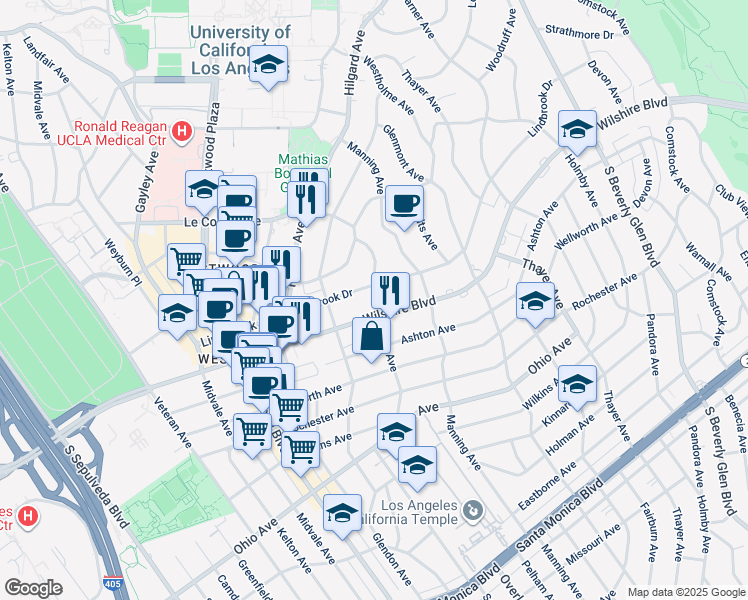 map of restaurants, bars, coffee shops, grocery stores, and more near 10763 Wilshire Boulevard in Los Angeles