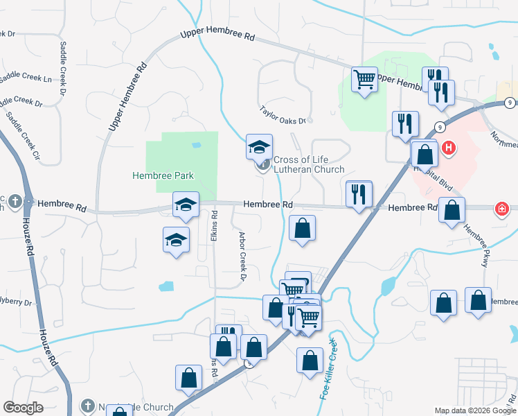 map of restaurants, bars, coffee shops, grocery stores, and more near 155 Arbor Creek Way in Roswell