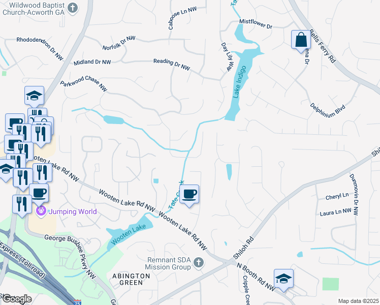 map of restaurants, bars, coffee shops, grocery stores, and more near 1206 Parkwood Chase Northwest in Acworth