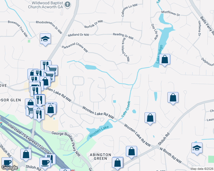 map of restaurants, bars, coffee shops, grocery stores, and more near 4497 Balmoral Road Northwest in Kennesaw