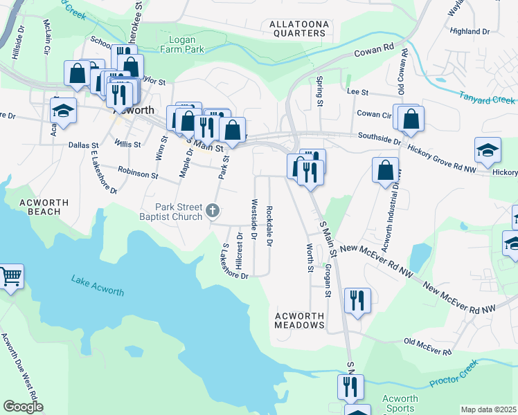 map of restaurants, bars, coffee shops, grocery stores, and more near 4374 Westside Drive in Acworth