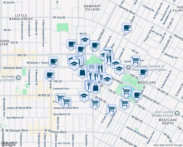 map of restaurants, bars, coffee shops, grocery stores, and more near 2801 Sunset Place in Los Angeles