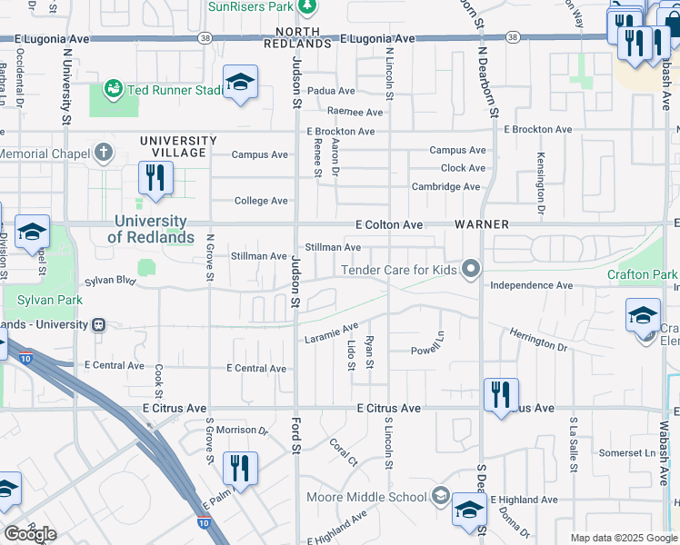 map of restaurants, bars, coffee shops, grocery stores, and more near 606 Naomi Street in Redlands