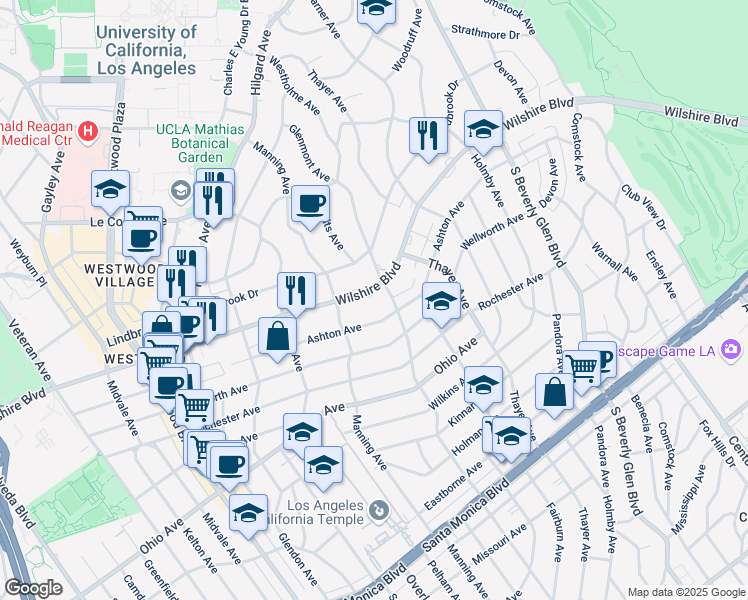 map of restaurants, bars, coffee shops, grocery stores, and more near 10600 Wilshire Boulevard in Los Angeles