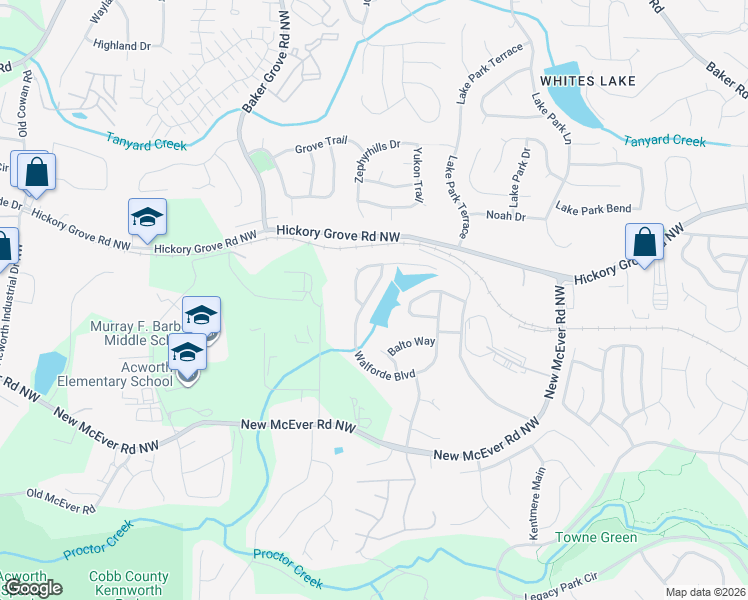 map of restaurants, bars, coffee shops, grocery stores, and more near 4396 Walforde Boulevard in Acworth