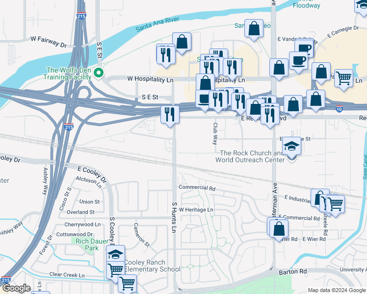map of restaurants, bars, coffee shops, grocery stores, and more near 2211 South Hunts Lane in San Bernardino