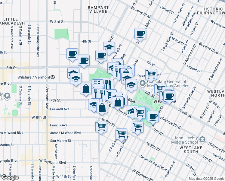 map of restaurants, bars, coffee shops, grocery stores, and more near Wilshire Blvd & S Rampart Blvd in Los Angeles