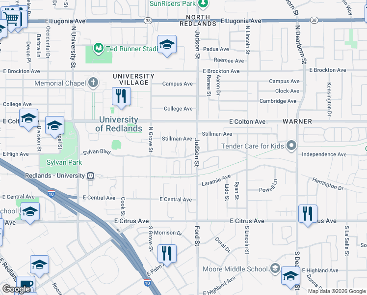 map of restaurants, bars, coffee shops, grocery stores, and more near 1327 Sylvan Boulevard in Redlands