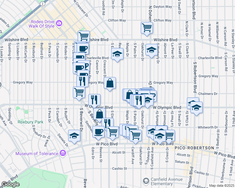 map of restaurants, bars, coffee shops, grocery stores, and more near 344 South Rexford Drive in Beverly Hills