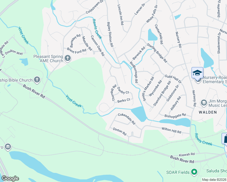 map of restaurants, bars, coffee shops, grocery stores, and more near 107 Thornhill Road in Columbia