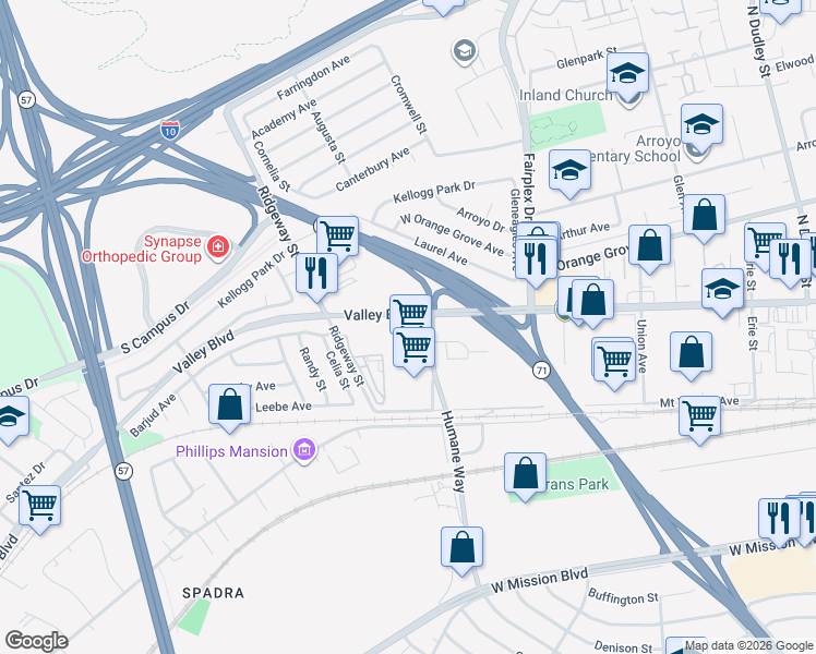 map of restaurants, bars, coffee shops, grocery stores, and more near 2280 Valley Boulevard in Pomona