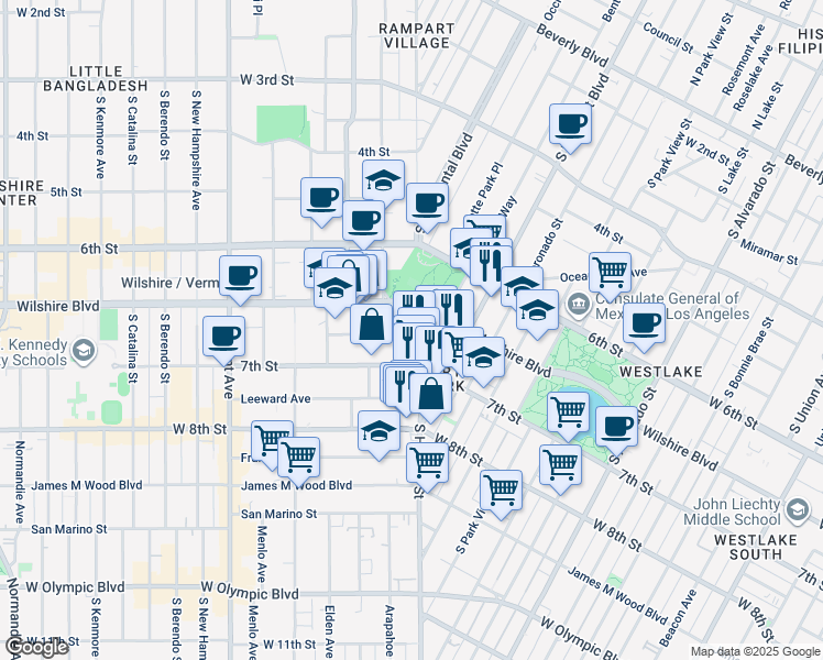 map of restaurants, bars, coffee shops, grocery stores, and more near 2801 Sunset Place in Los Angeles