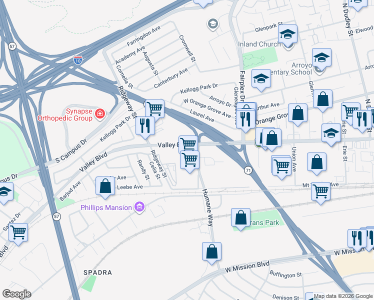 map of restaurants, bars, coffee shops, grocery stores, and more near 2280 Valley Boulevard in Pomona