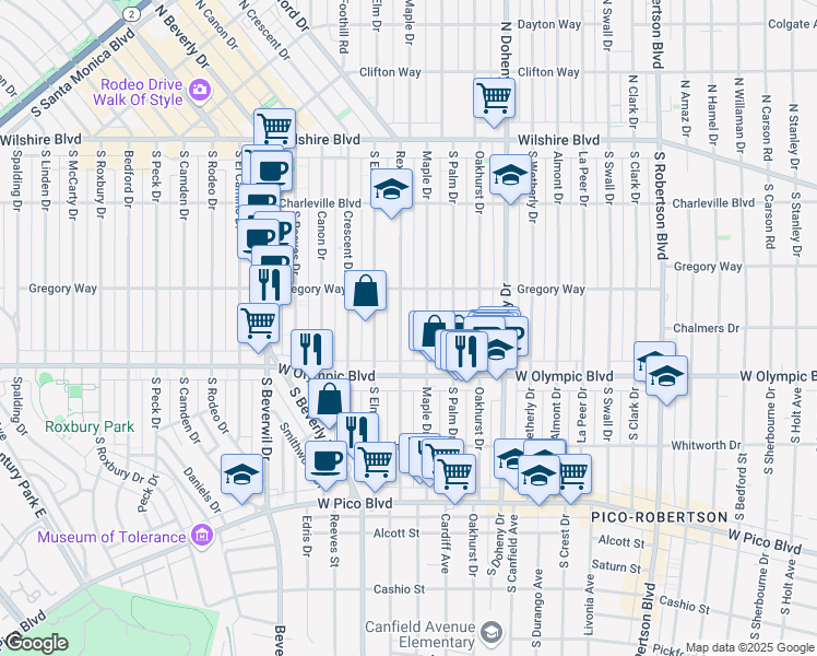 map of restaurants, bars, coffee shops, grocery stores, and more near 344 South Rexford Drive in Beverly Hills