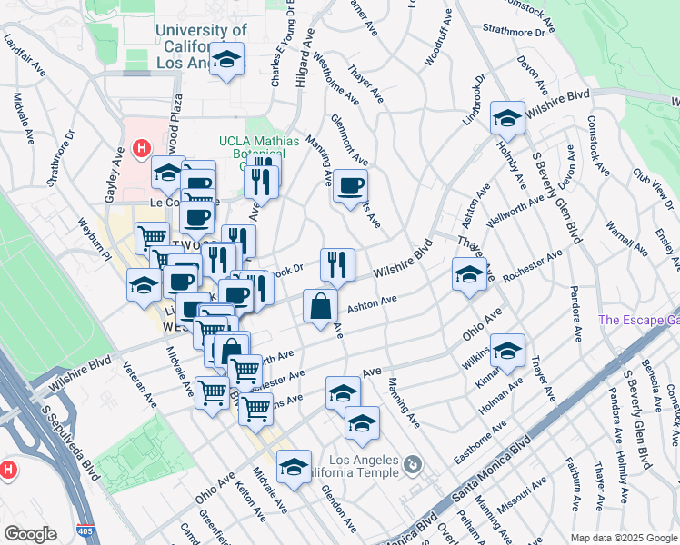 map of restaurants, bars, coffee shops, grocery stores, and more near 10727 Wilshire Boulevard in Los Angeles
