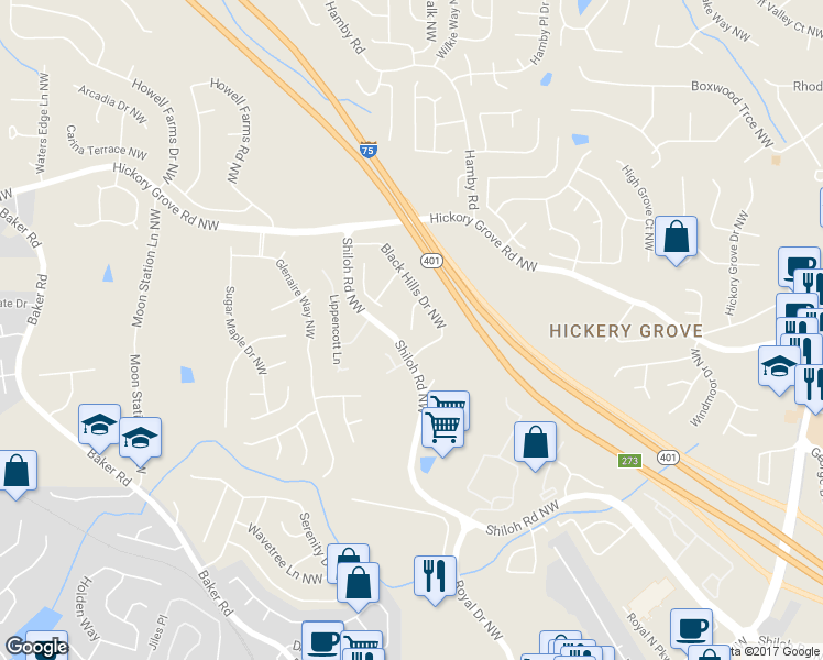 map of restaurants, bars, coffee shops, grocery stores, and more near 1968 Dakota Drive Northwest in Kennesaw