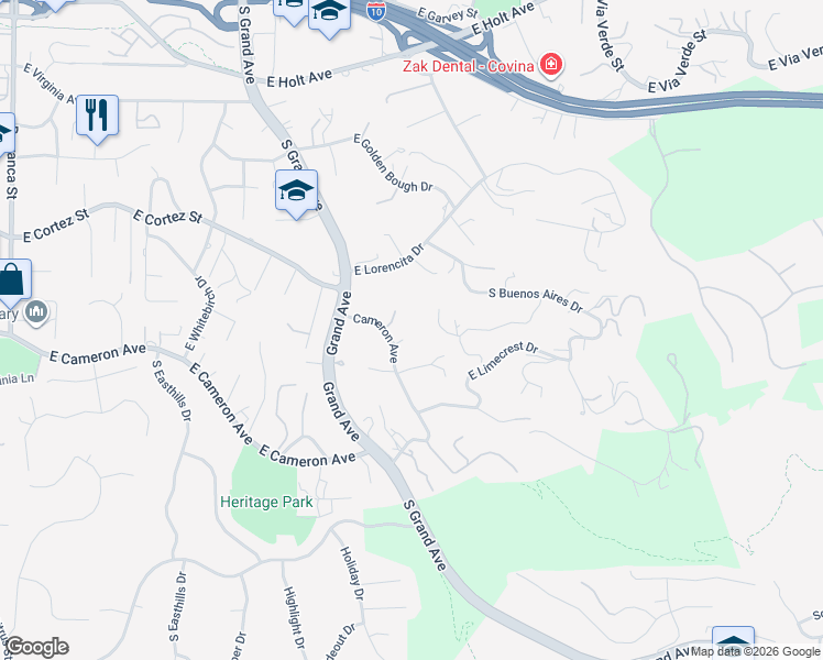 map of restaurants, bars, coffee shops, grocery stores, and more near 2484 Cameron Avenue in Covina