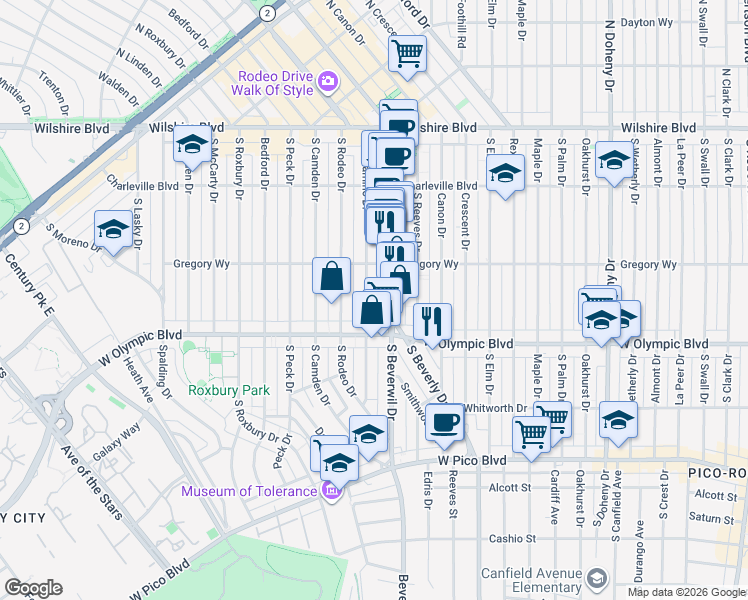 map of restaurants, bars, coffee shops, grocery stores, and more near 328 South El Camino Drive in Beverly Hills