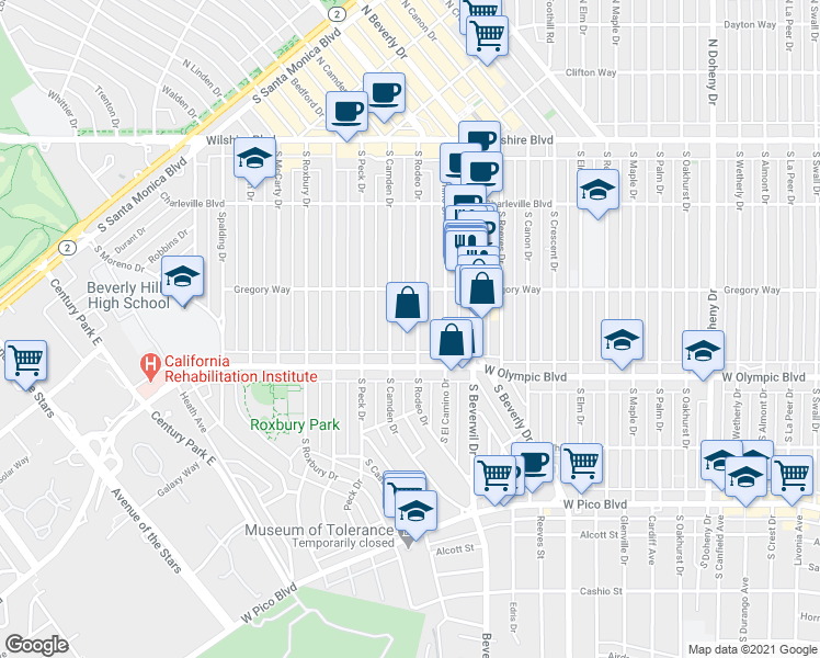 map of restaurants, bars, coffee shops, grocery stores, and more near 340 South Rodeo Drive in Beverly Hills