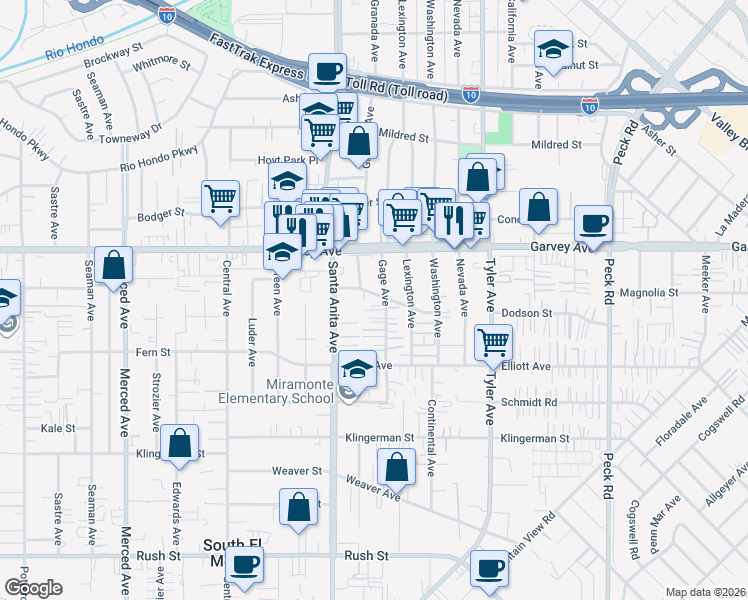 map of restaurants, bars, coffee shops, grocery stores, and more near 10718 Owens Way in El Monte