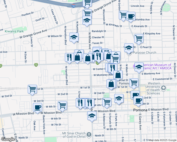 map of restaurants, bars, coffee shops, grocery stores, and more near 610 West Center Street in Pomona
